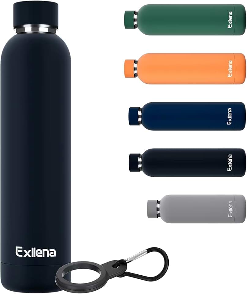 Exllena Slim Insulated Water Bottles for Travel 25oz with Clip, Double Wall Vacuum Stainless Steel Water Bottle Keeps Drinks Cold 24 Hrs/Hot 12 Hrs, 100% Leakproof, BPA Free(Black)