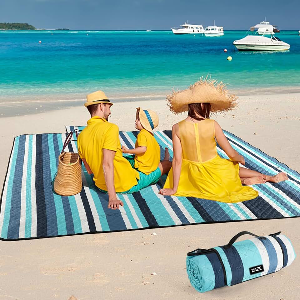 ZAZE Picnic Blankets Beach Blanket, 80&#x27;&#x27;x80&#x27;&#x27; Extra Large Thick 3-Layers, Sandproof Machine Washable Waterproof Foldable Oversized XL Outdoor Mat, for Camping, Park, Travel, Grass(Blue White Stripe)