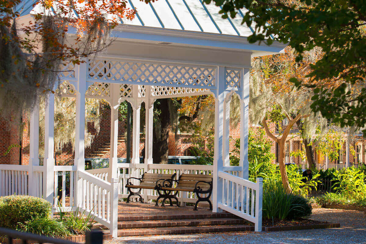 Historic Savannah squares decorated with holiday lights and Spanish moss during winter season