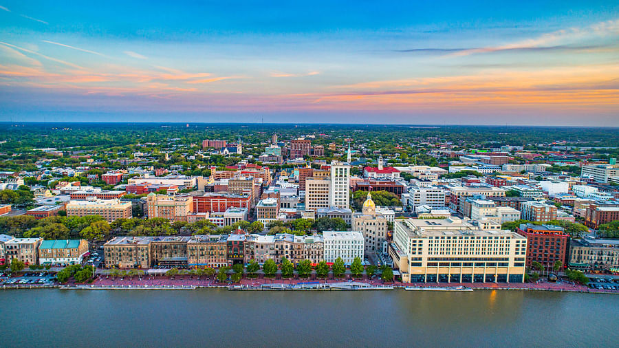 Arial view of Savannah, Georgia showcasing its residential areas and popular landmarks