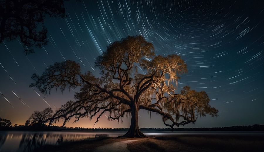 Historic Savannah street lined with Spanish moss draped trees